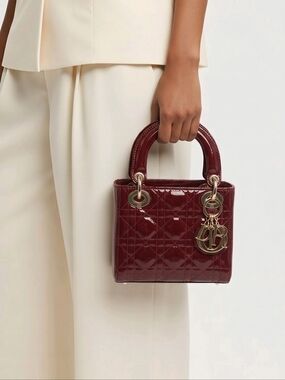 Authentic Christian Dior Mini Lady Dior Bag - Burgundy Patent Cannage GHW